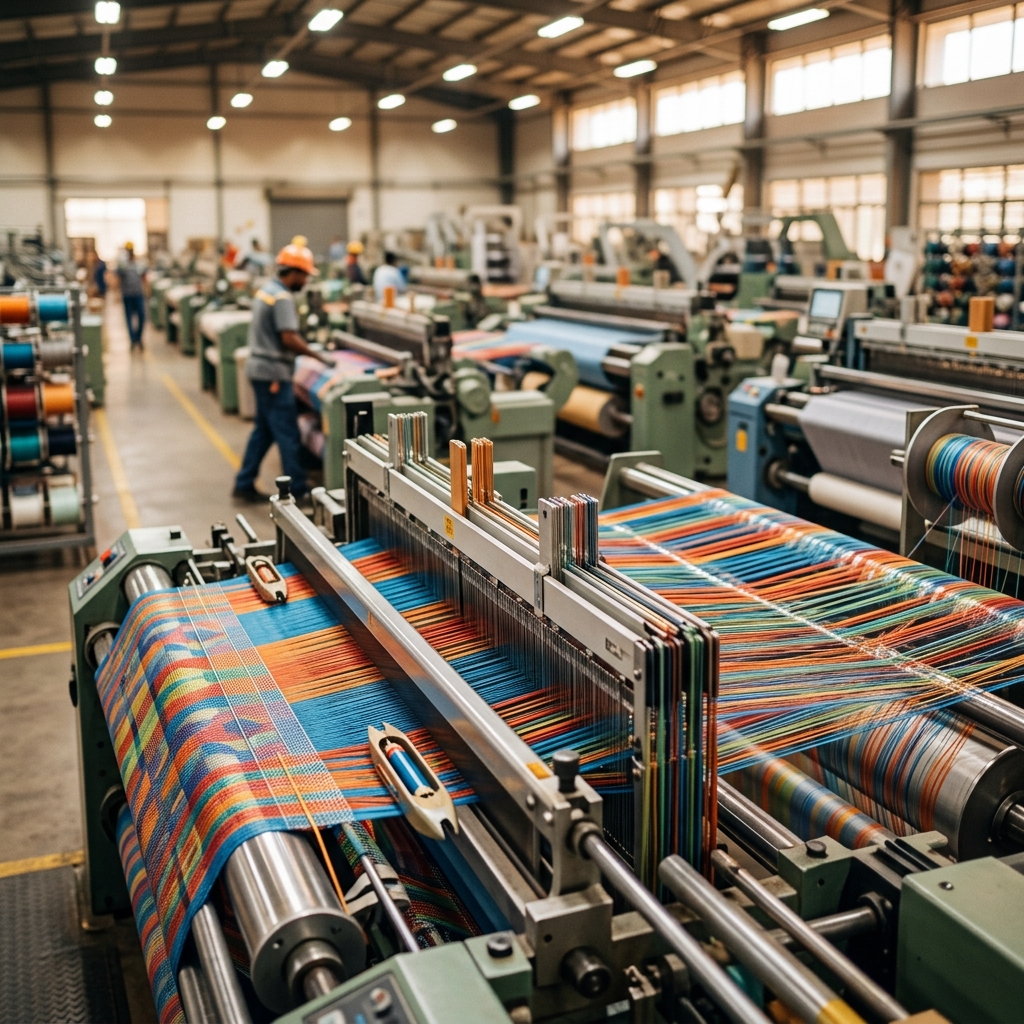 Textile production loom close-up