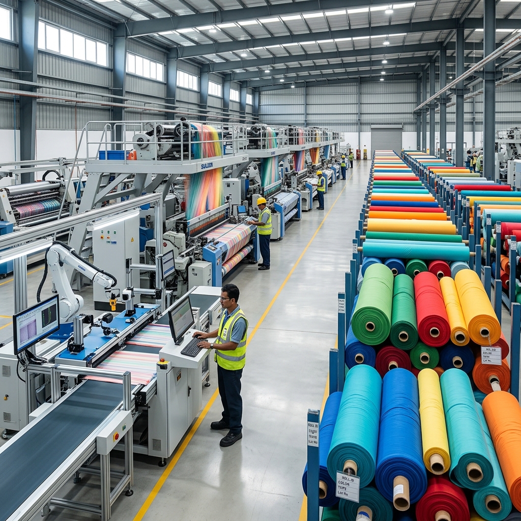 Modern textile manufacturing facility and fabric rolls